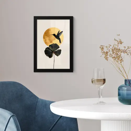 Zwarte kolibrie - Bloem - Gouden cirkel fotolijst zwart zonder passe partout klein -sfeer4