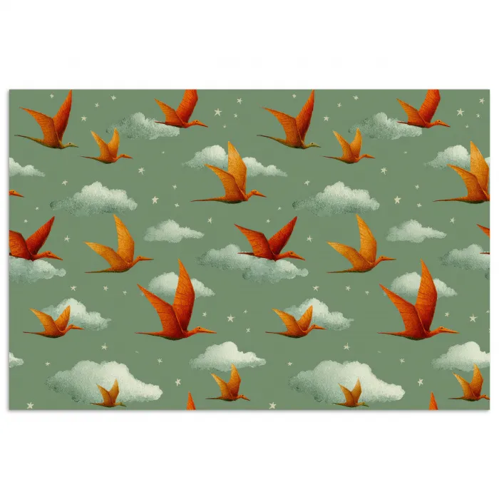 Dinosaurussen - Wolken - Sterren - Oranje poster papier klein -3d