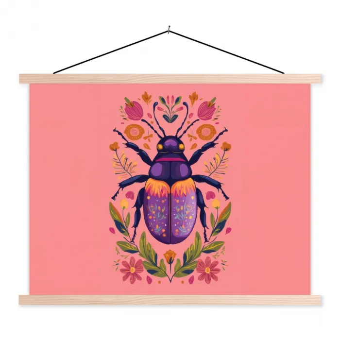 Paars - Kever - Stipjes - Bloemen textielposter latten blank klein -3d
