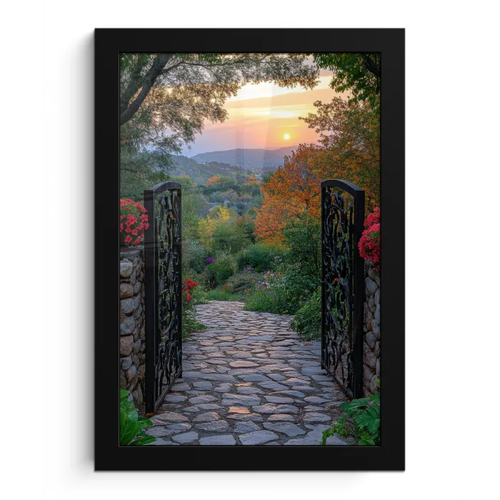 Landschap - Hek - Pad - Zonsondergang - Natuur fotolijst zwart zonder passe partout klein -3d