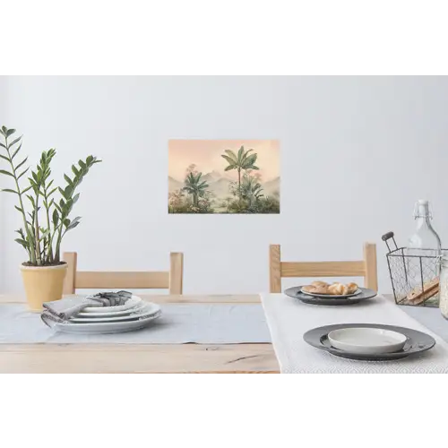 Tropisch landschap - palmbomen - Bloemen - Roze lucht Muursticker klein -eettafel