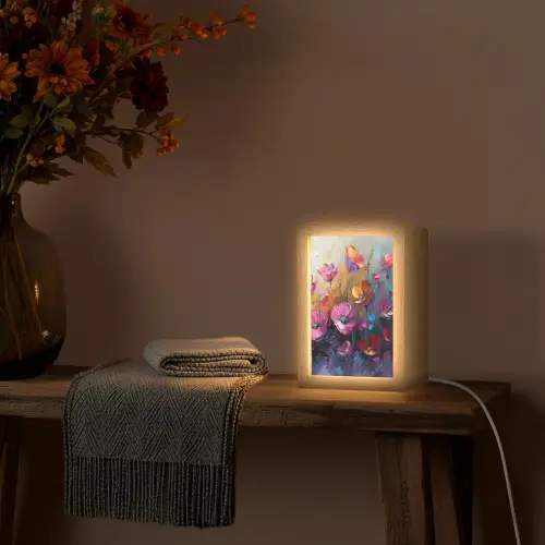 Bloemen - Paars - Kleurrijk - Handgeschilderd - Kunst Light Box met kabel (Tafellamp) klein -sfeer4
