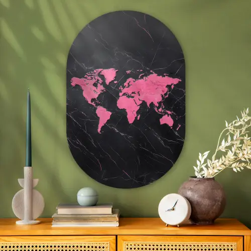 Wereldkaart - Roze - Marmer Wandcirkel Ovaal Glas middel -sfeer2