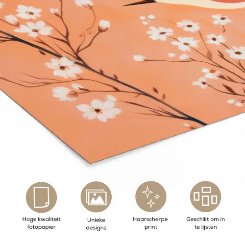 Vogel - Bloesemtakken - Warm - Kleurrijk poster papier klein -closeup_NL