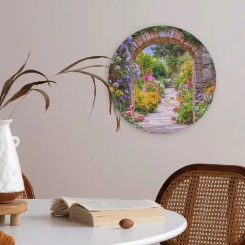 Doorkijk - Bloemen - Pad - Natuur Akoestische PET Vilt - Rond klein -sfeer3