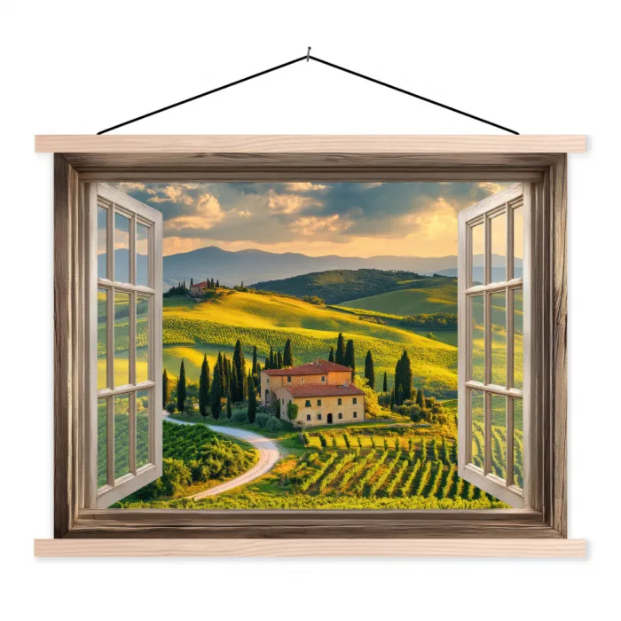 Doorkijk - Toscane - Uitzicht - Landschap - Zomer textielposter latten blank klein -3d