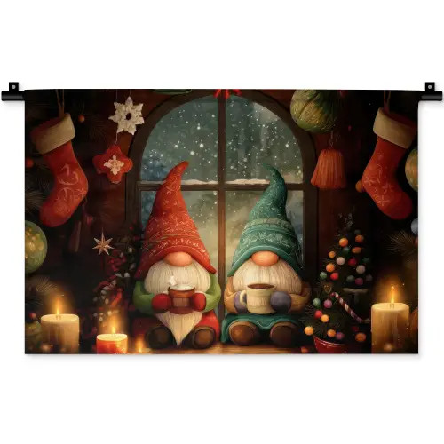 Gnooms - Kerst - Raam - Kleurrijk Wandkleed katoen klein -zz3d