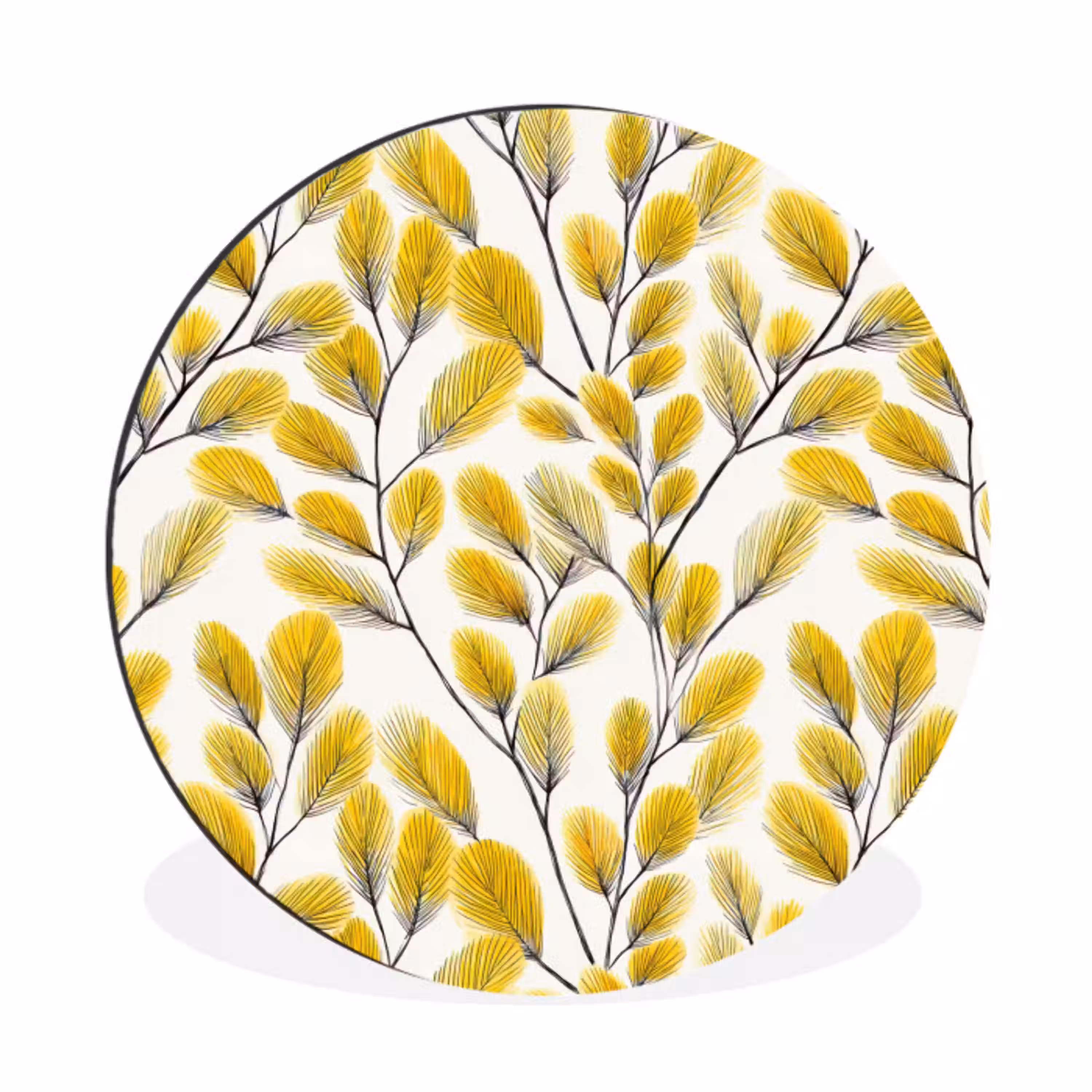 Bladeren - Botanisch - Elegant - Geel - Zwart Wandcirkel aluminium klein 190 -3d