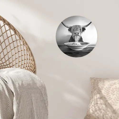 Schotse Hooglander - Spaghetti - Dieren - Zwart wit Wandcirkel behangsticker klein -sfeer4