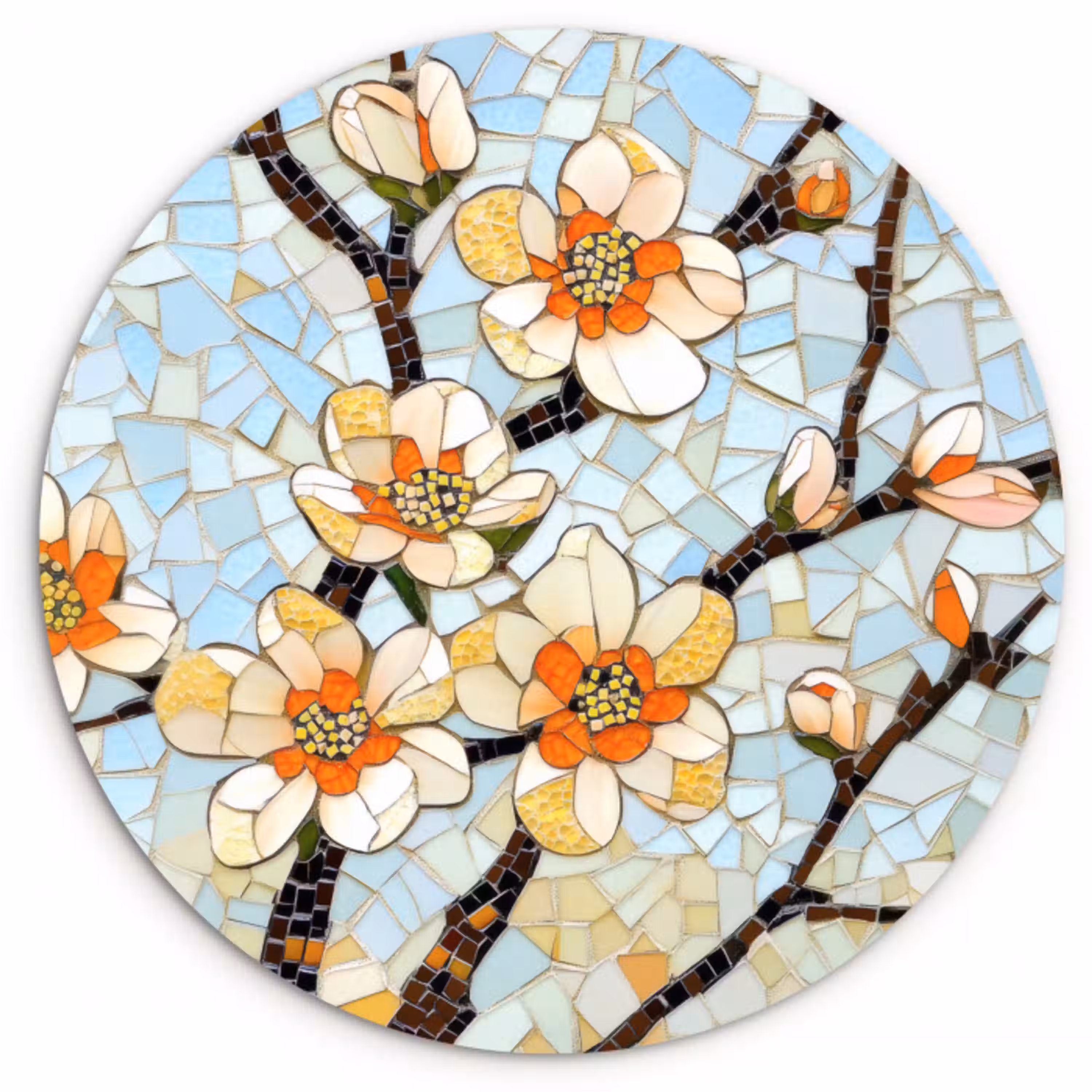 Bloesems - Wit - Mozaïek - Tak Wandcirkel plexiglas klein -3d