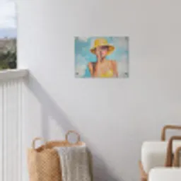 Schilderij - Vrouw - Hoed - Geel tuinposter los doek klein -sfeer8