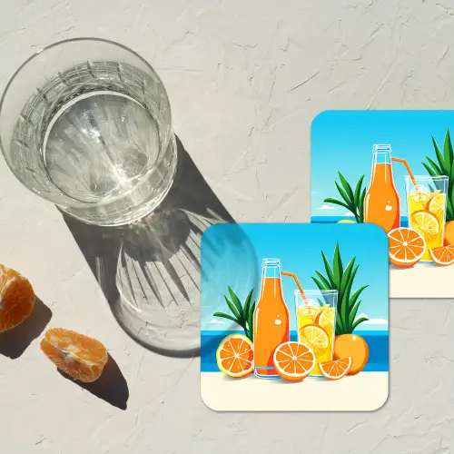 Sinaasappels - Ijsblokjes -  Zee - Illustratie onderzetter kurk middel -sfeer4