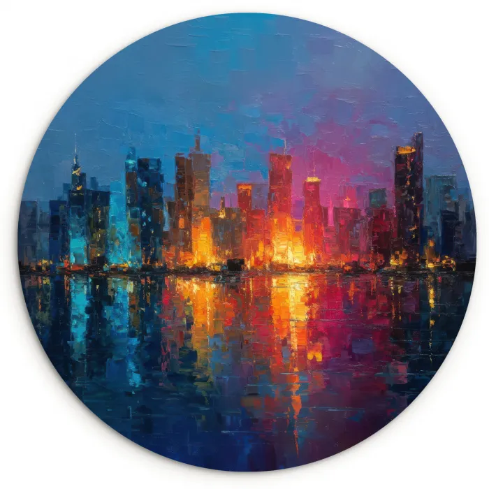 Skyline - Penseelstreken - Donkerblauw - Lichtgevend Wandcirkel kunststof plaat 5mm dik klein -3d