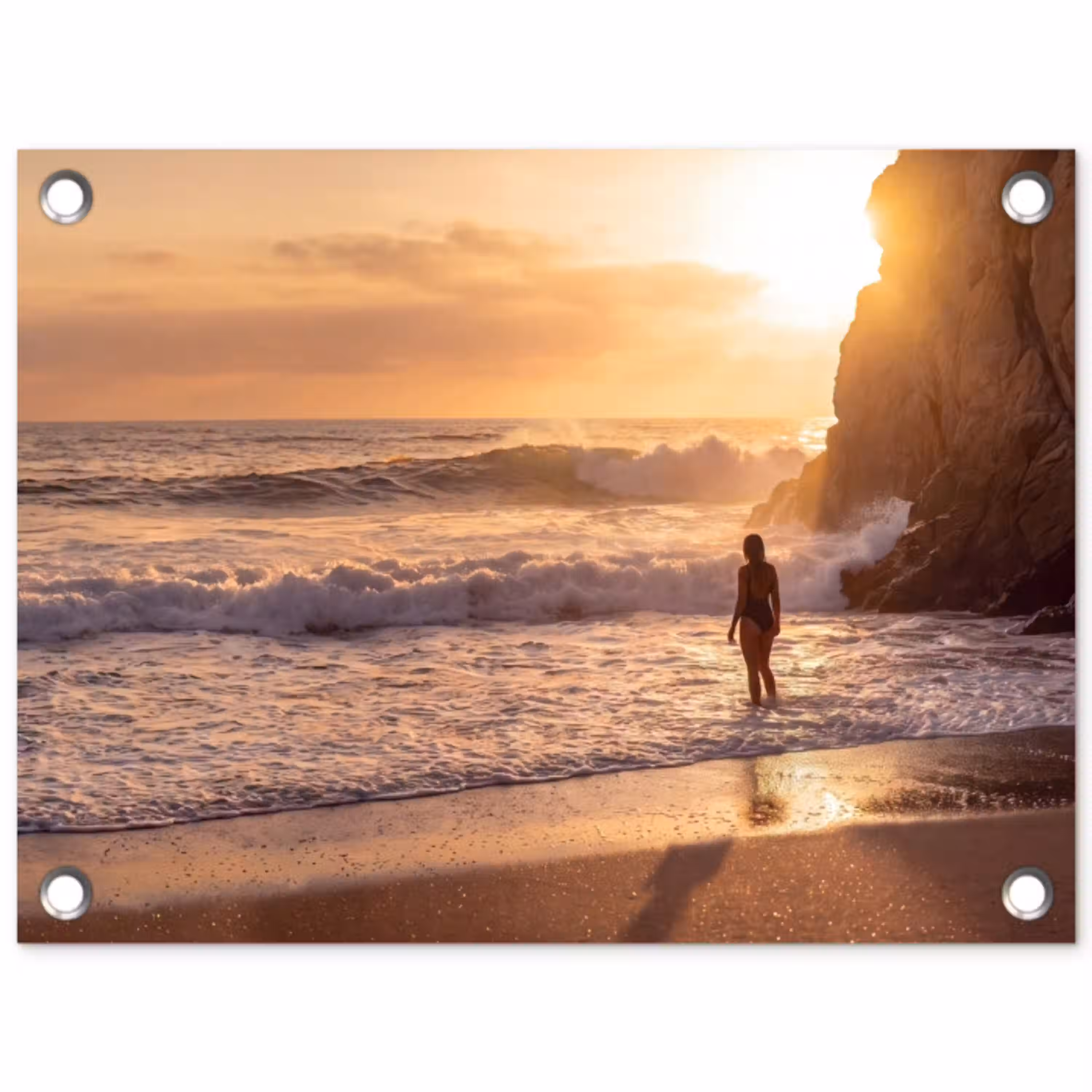 Mensen - Oceaan - Zonsondergang - Kust - Goud tuinposter los doek klein -3d