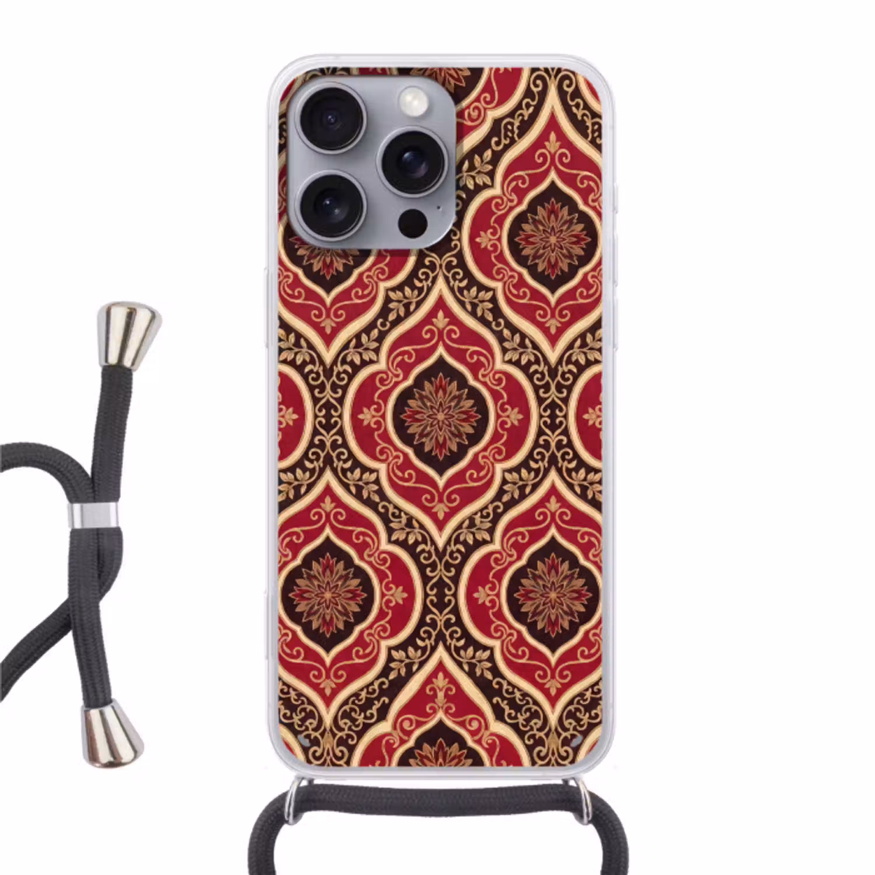 Patroon - Ornament - Barok - Rood - Goud Hoesje iPhone 16 Pro Max met koord klein -3d