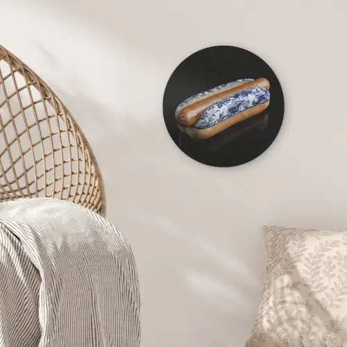 Hotdog - Porselein - Delfts blauw - Eten Akoestische PET Vilt - Rond klein -sfeer4