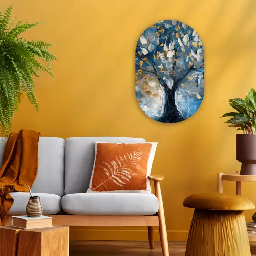 Boom - Blauw - Goud - Abstract Wandcirkel Ovaal Forex klein -sfeer4
