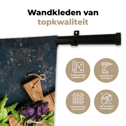 Groente - Kruiden - Wiegemes - Ui - Specerijen - Rustiek Wandkleed katoen klein -sfeer2