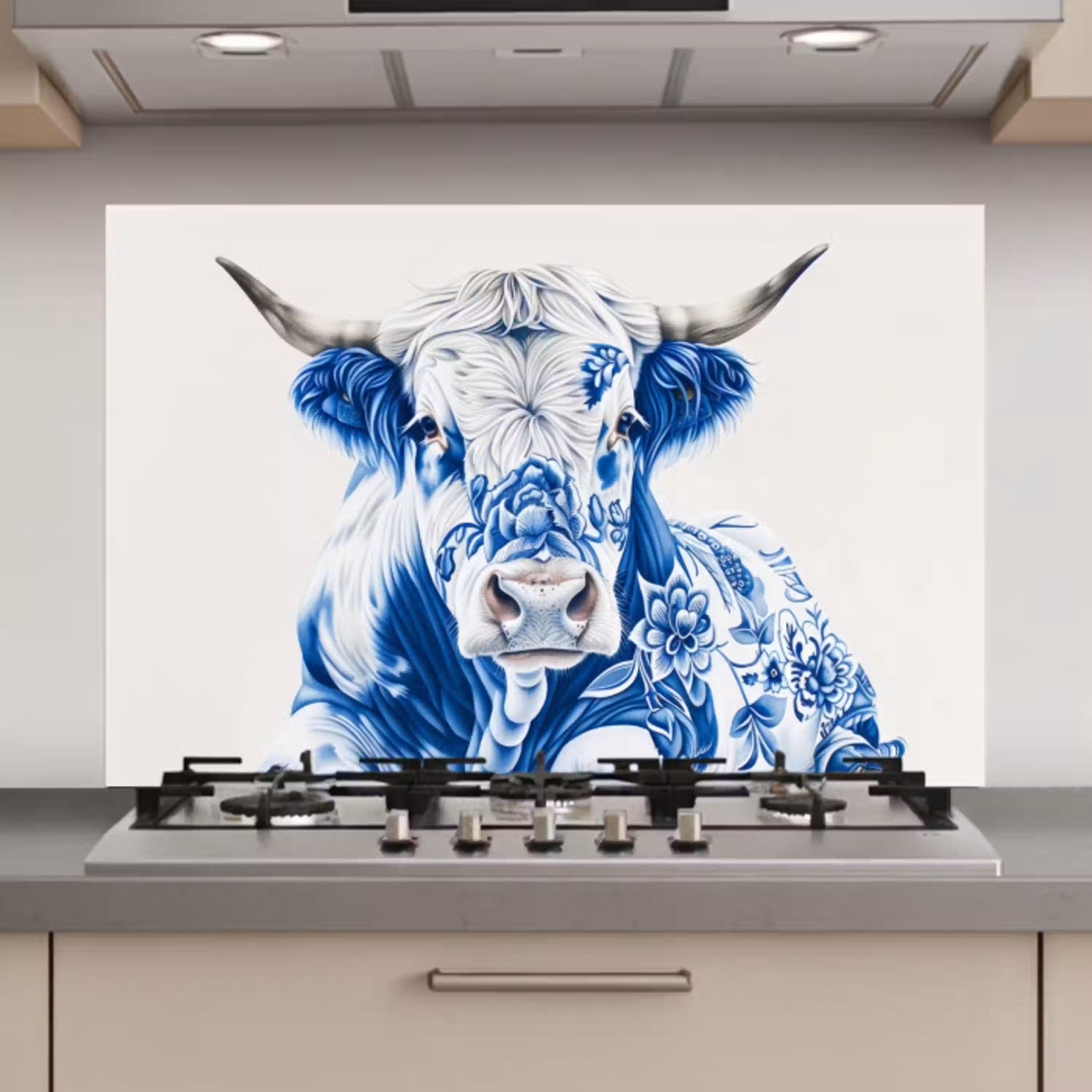 Koe - Delfts blauw - Bloemen - Kunst keuken achterwand spatscherm klein -3d_website