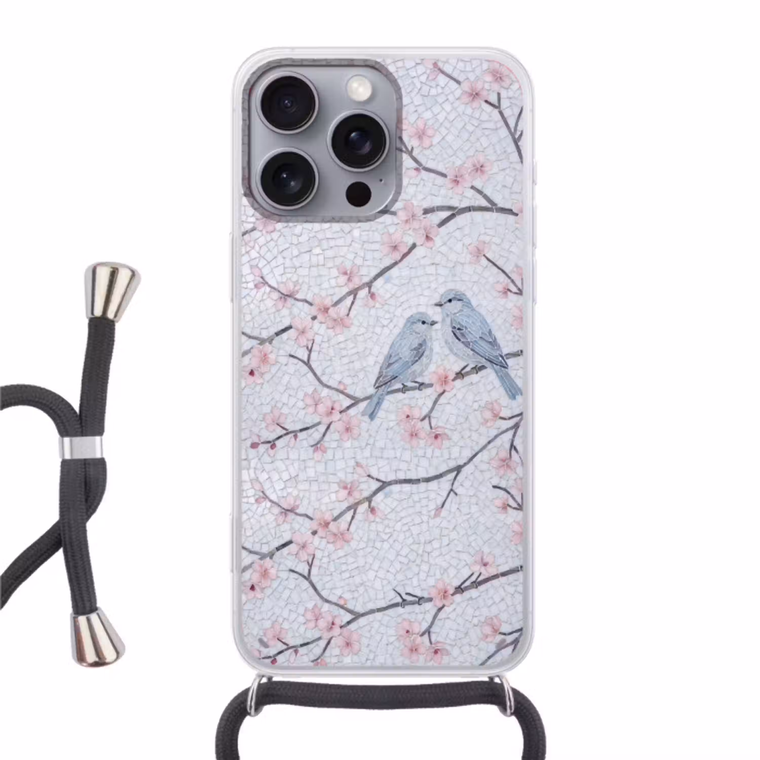 Vogel - Bloemen - Natuur - Mozaïek - Roze Hoesje iPhone 16 Pro Max met koord klein -3d