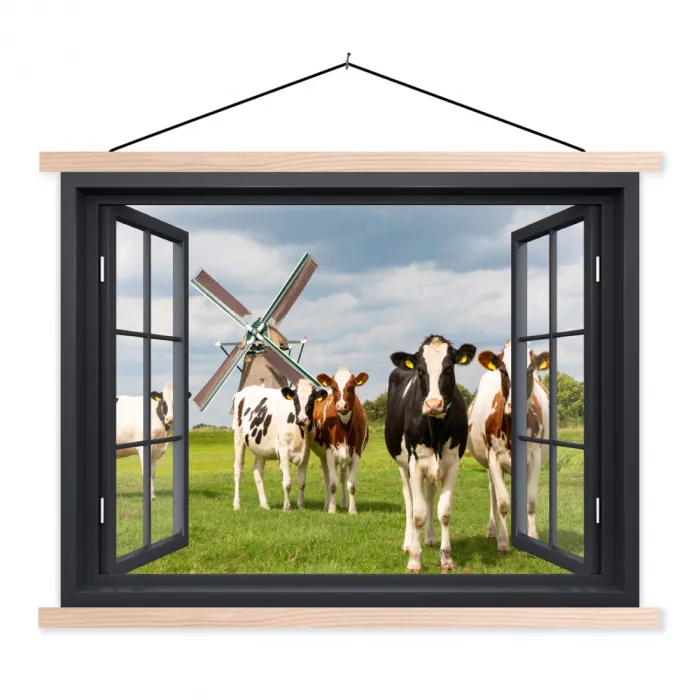 Doorkijk - Koe - Molen - Koeien - Weiland - Gras - Groen textielposter latten blank klein -3d