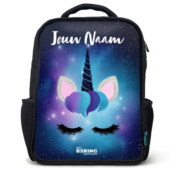 Rugzak kind met naam - Zwart - Eenhoorn - Sterren - Blauw