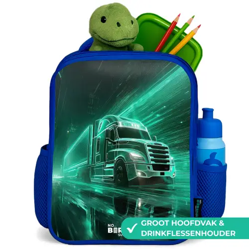 Vrachtwagen - Neon - Groen - Stad Kinderrugzak - Blauw middel -inhoud_NL