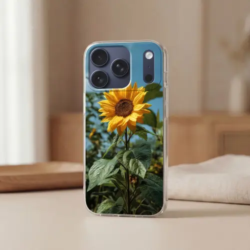 Zonnebloemen - Helderblauwer lucht - Gras Telefoonhoesje iPhone 17 Pro klein -sfeer2