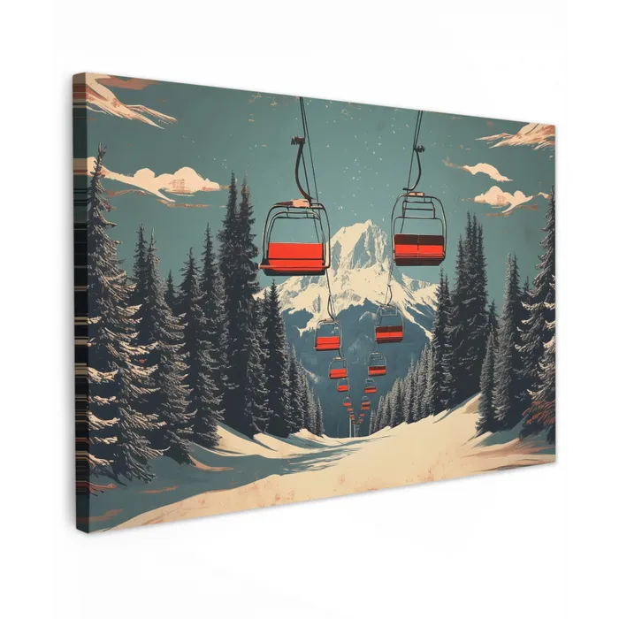 Sneeuw - Skilift - Rood - Bomen Tuinposter op houten frame 2 cm dik klein -3d