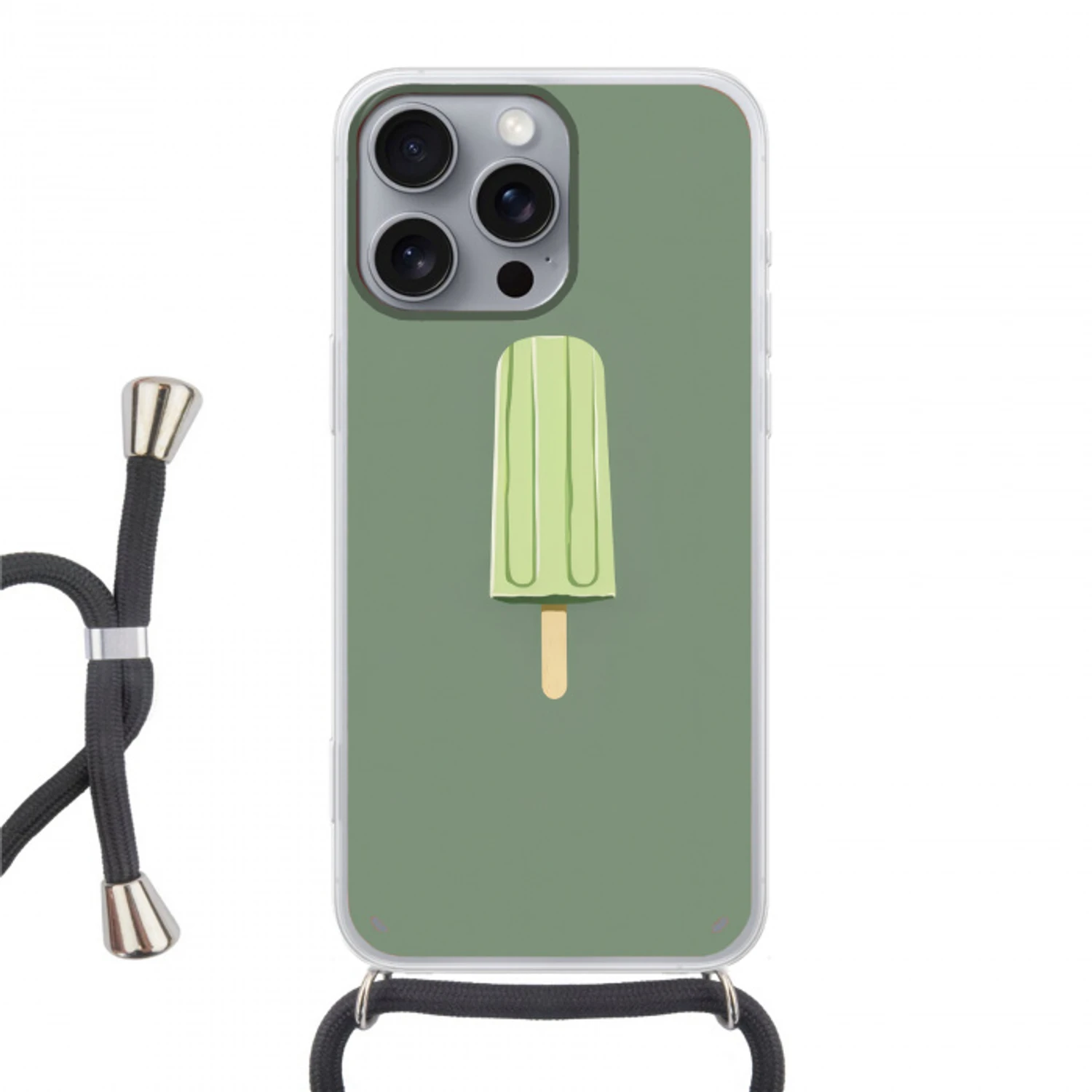 Groen - Waterijsje - Stokje - Illustratie Hoesje iPhone 16 Pro Max met koord klein -3d