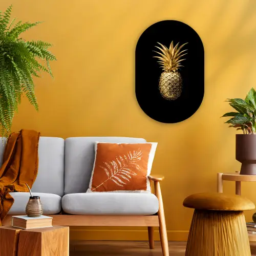 Ananas - Zwart - Goud - Luxe Wandcirkel Ovaal Forex klein -sfeer4