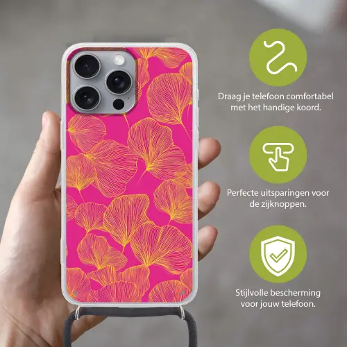 Bladeren - Nerven - Grafisch - Roze Hoesje iPhone 16 Pro Max met koord klein -sfeer2_NL
