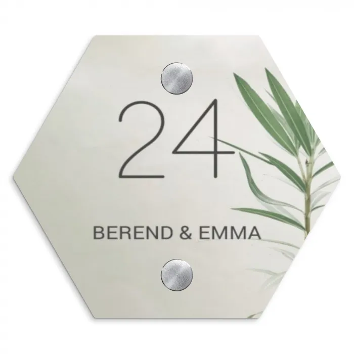 Lichtbeige met plant - Klassiek Naambord Hexagon klein -3d