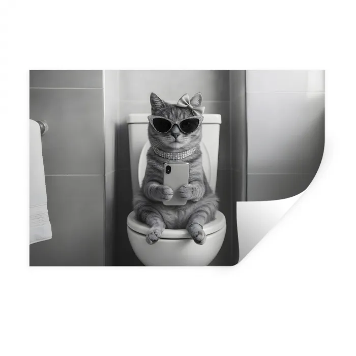 Kat - Telefoon - Toilet - Zwart - Wit Muursticker klein -3d