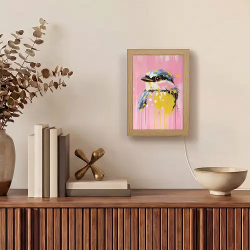 Vogel - Roze - Geel - Blauw Light Box met kabel (Tafellamp) klein -sfeer2