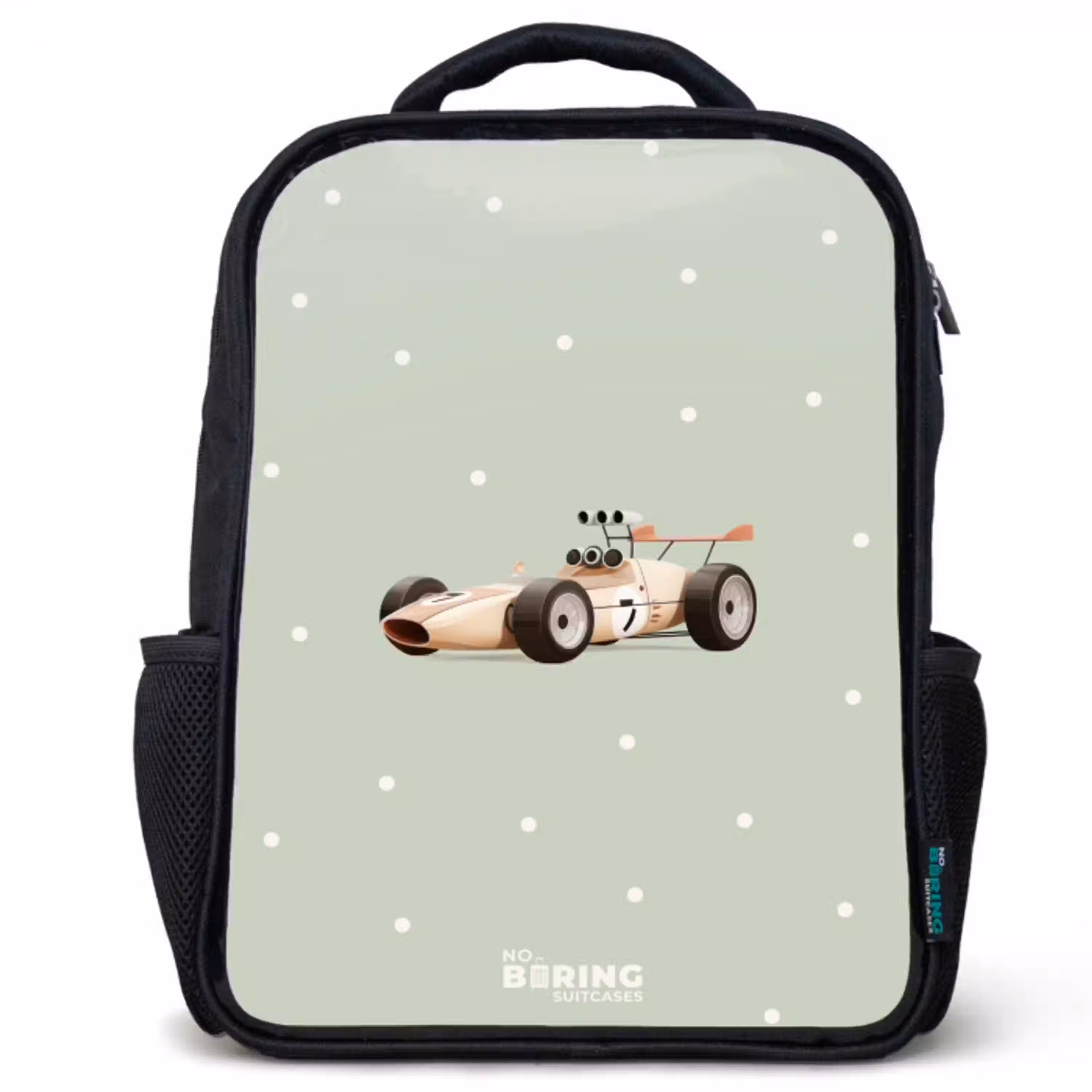 Beige retro raceauto op groene stippen achtergrond Rugzak - Zwart middel -3d