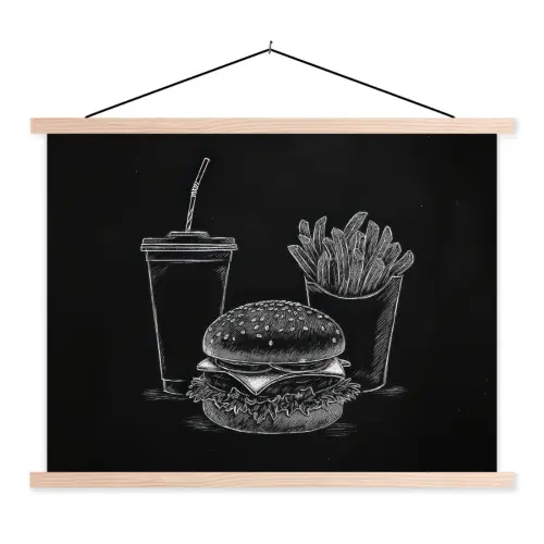 Hamburger - Friet - Frisdrank - Krijttekening textielposter latten blank klein -3d