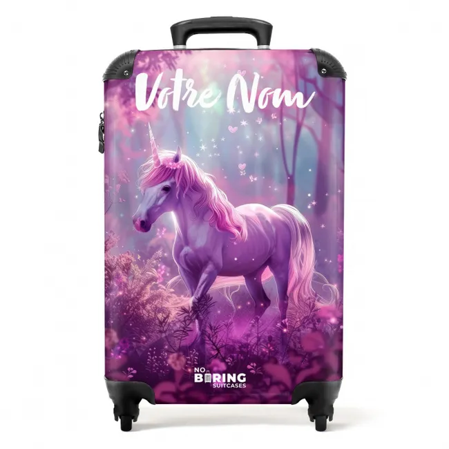 Valise avec nom – Licorne entourée de nature violette