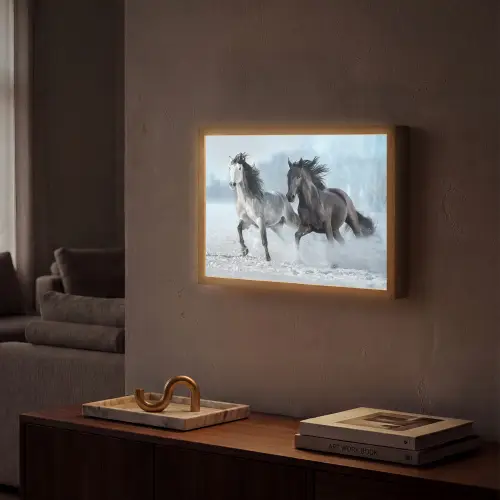 Paarden - Winter - Dieren - Natuur - Sneeuw Light Box met batterij (Wandlamp) middel -sfeer1