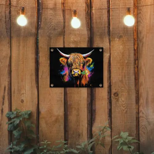 Schotse Hooglander - Graffiti - Kleurrijk - Bloem - Dieren tuinposter los doek klein -sfeer1
