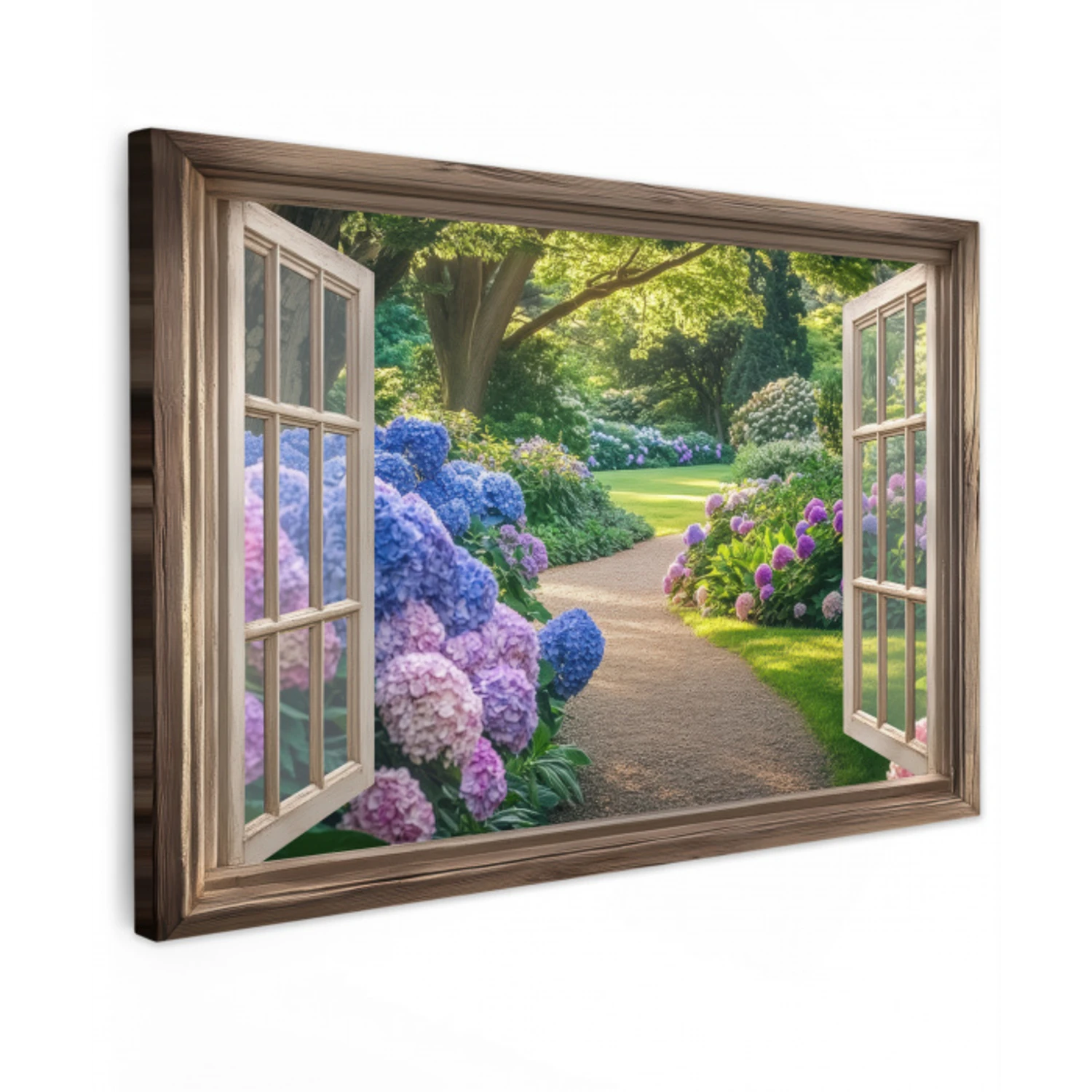 Doorkijk - Tuin - Raam - Hortensia - Bloemen Tuinposter op houten frame 2 cm dik klein -3d