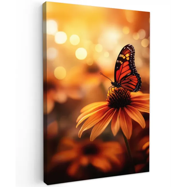 Vlinder - Bloemen - Oranje Tuinposter op houten frame 2 cm dik klein -3d