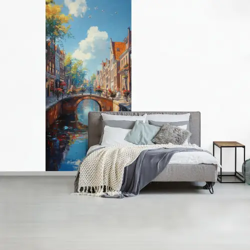 Stad - Gracht - Zon - Fietsen fotobehang vinyl groot -slaapkamer