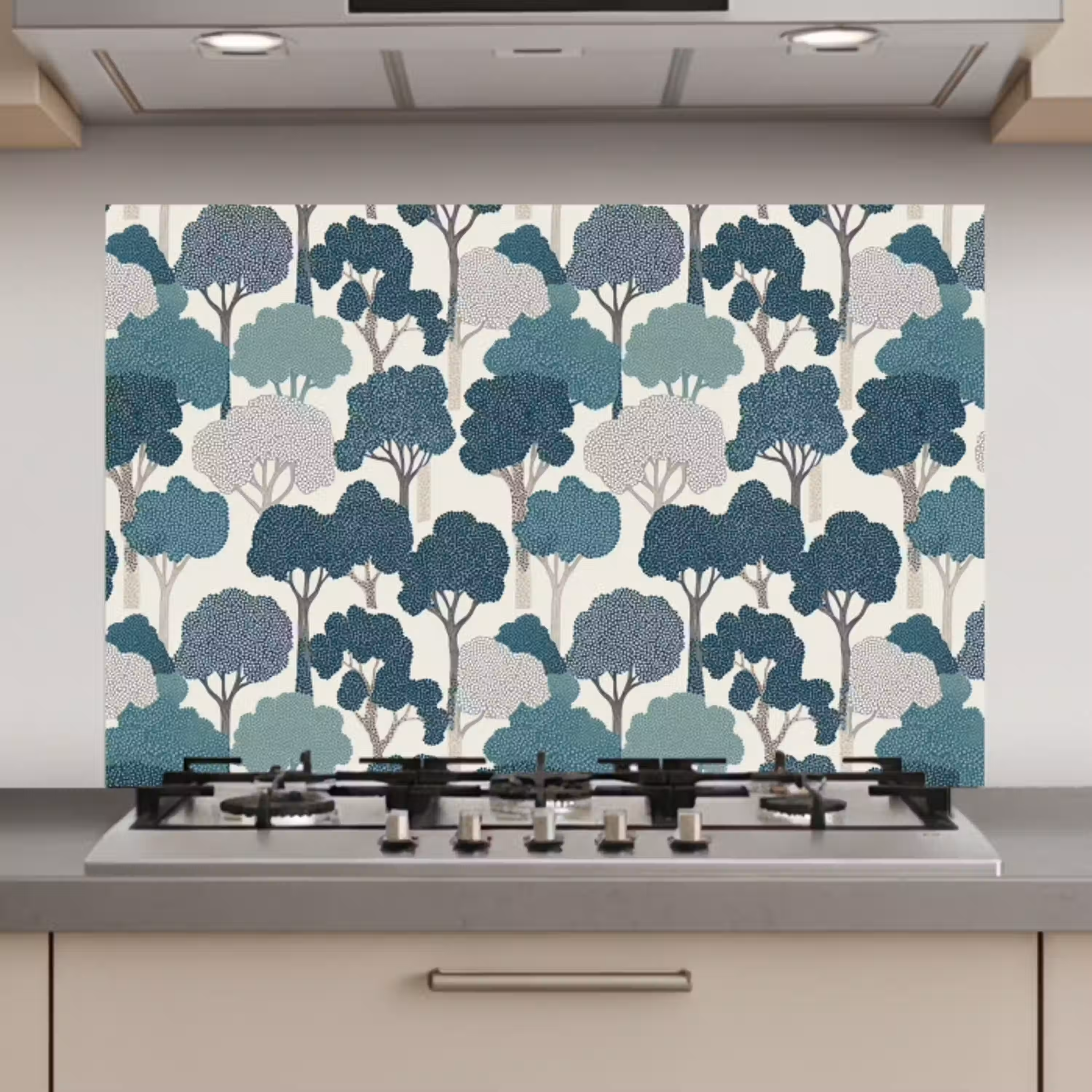 Modern - Bomen - Bos - Patroon - Blauw keuken achterwand spatscherm klein 900 -3d_website