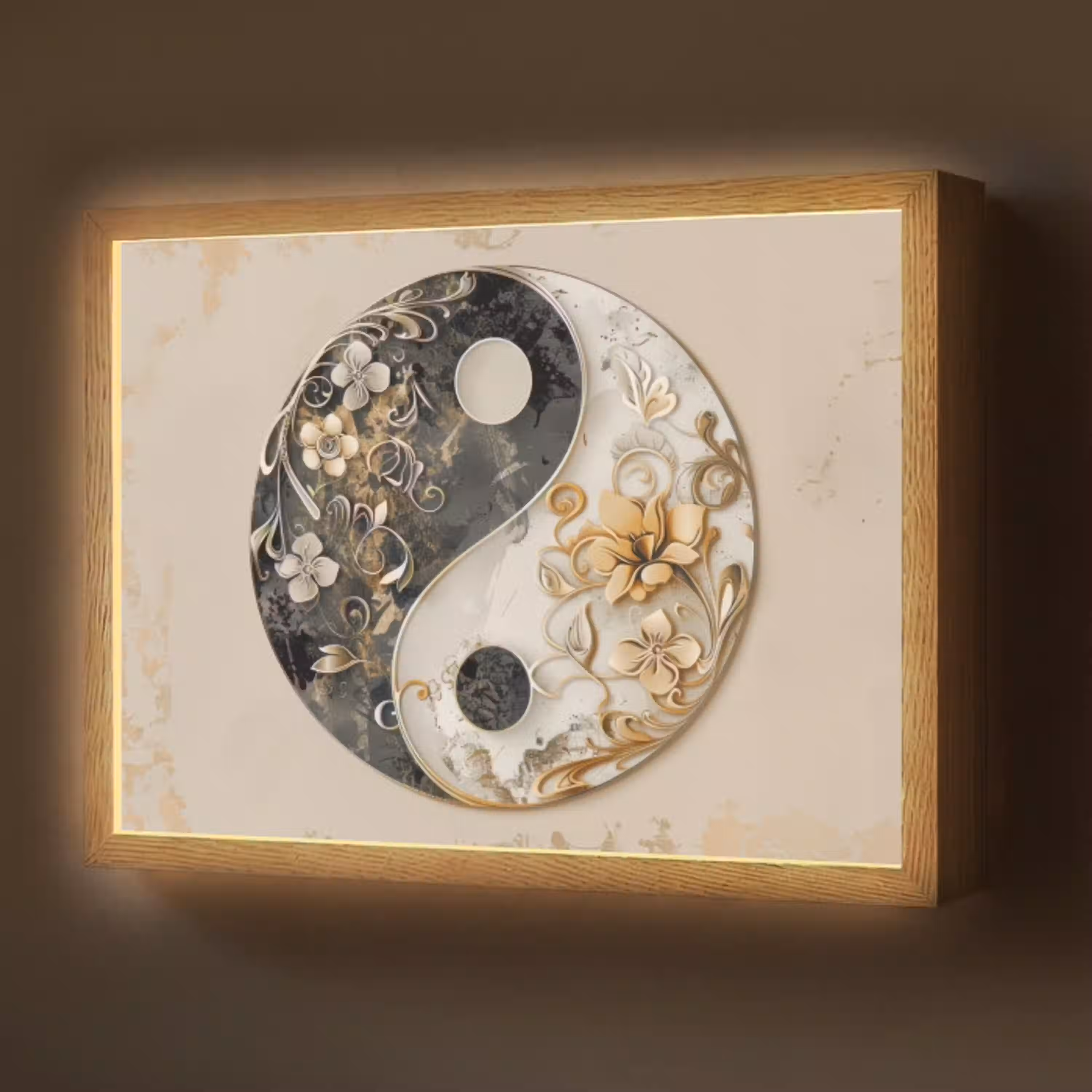 Yin Yang - Bloemen - Zwart - Wit - Vintage Light Box met batterij (Wandlamp) middel -z3d_website