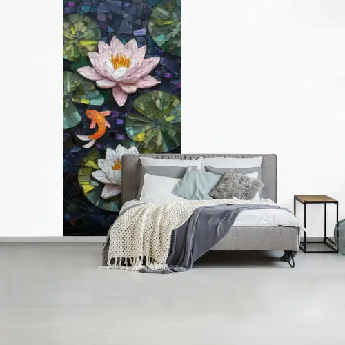 Glasstukjes - Leliebladeren - Vis - Oranje fotobehang vinyl groot -slaapkamer