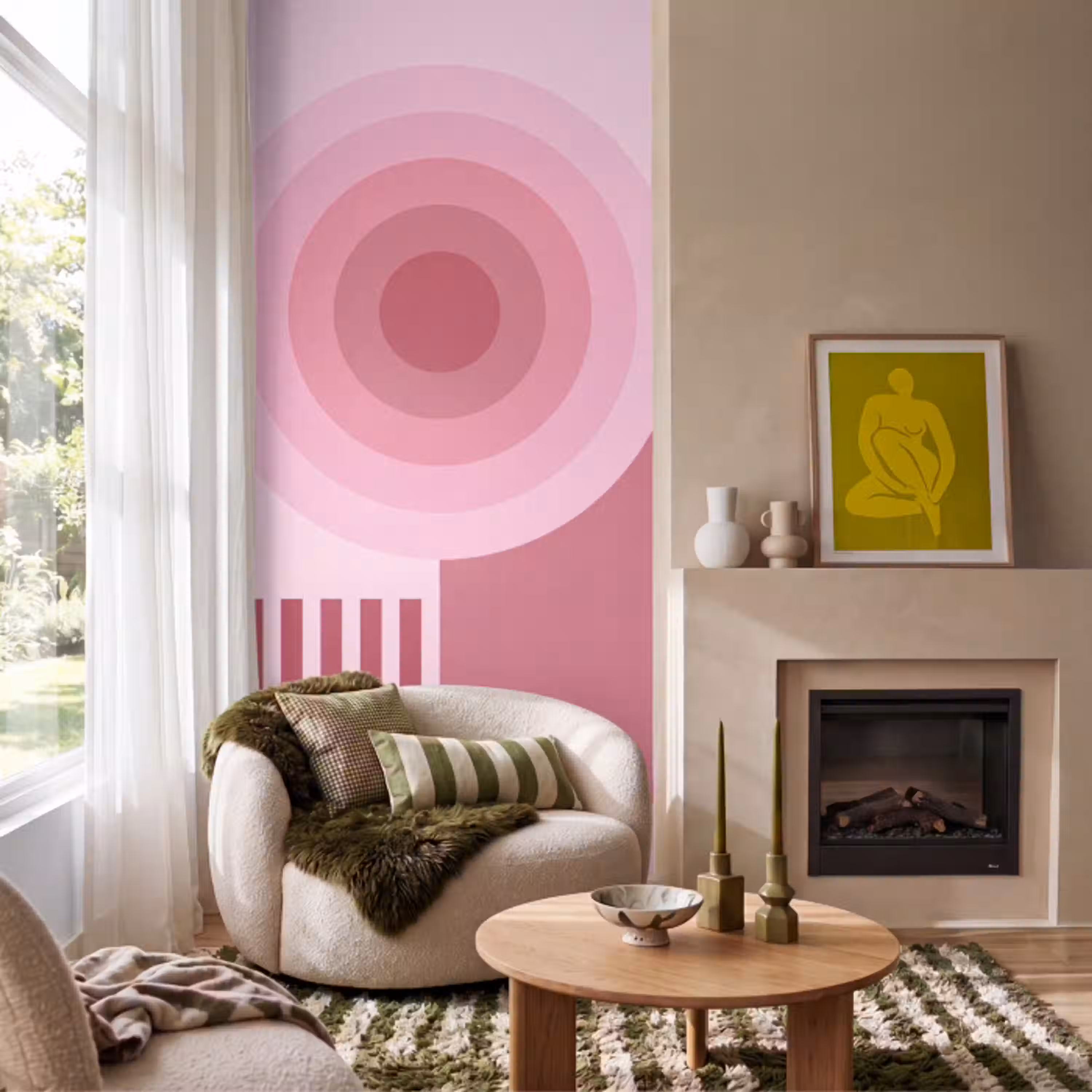 Abstract - Cirkels - Strepen - Modern - Roze Behang Vlies klein -sfeer2