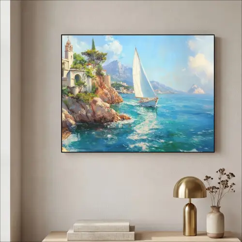 Zeilboot - Rotsen - Kust - Huizen Textielframe zwart klein -sfeer2