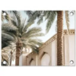 Gebouw - Palmbomen - Beige - Zon tuinposter los doek klein -3d