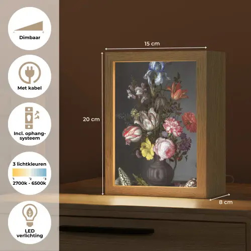 Bloemen in een vaas met schelpen en insecten - Balthasar van der Ast Light Box met kabel (Tafellamp) klein -USP_NL